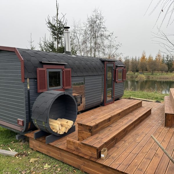 баня бочка квадро 6 метров, дровник и терраса